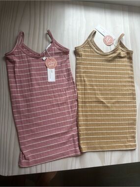 Baileys Blossoms Striped Ribbed Tank Dress Duo - Mauve Pink & Tan
